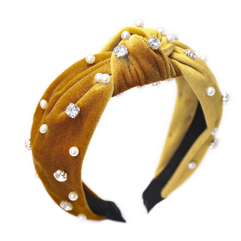 C670秋冬款創意釘水鉆珍珠髮箍寬邊金絲絨頭箍女髮飾批發跨境貨源Velvet