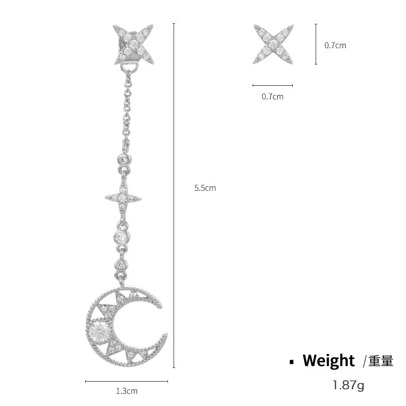 NCE00873S925銀針銅鍍真金鑲鋯AB款耳釘女 日韓百搭星星月亮流蘇耳飾kj202104