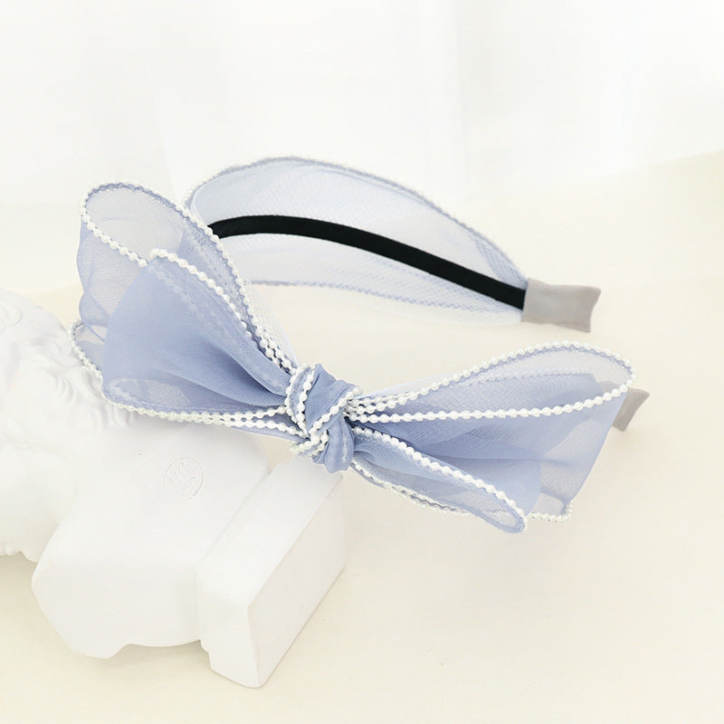 F538韓國新品森系仙女珍珠網紗頭飾甜美純色歐根紗雙層蝴蝶結髮箍hh202106