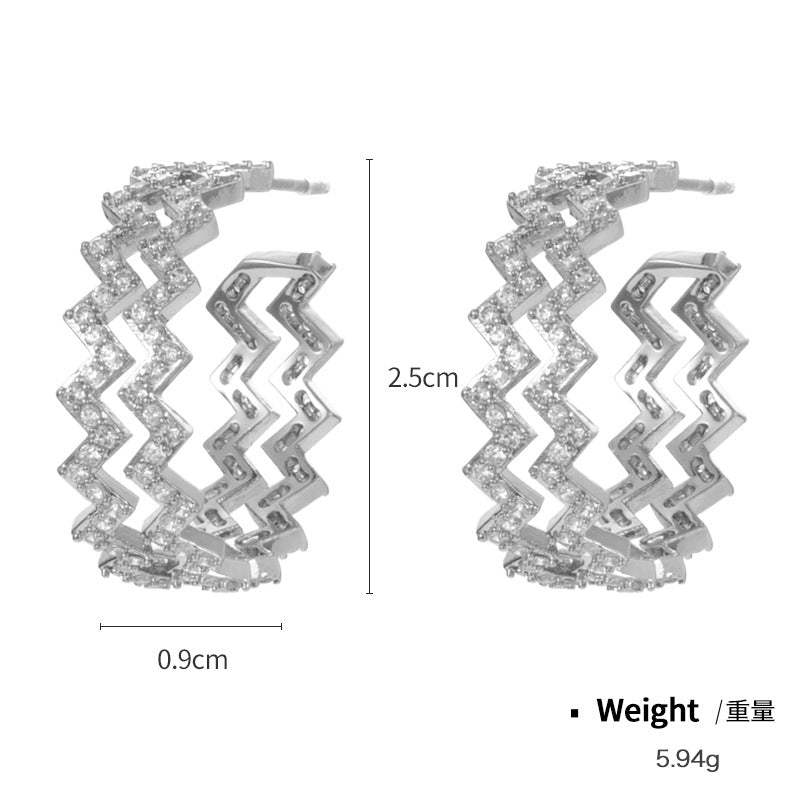 NCE00868 925銀針銅鍍真金鑲鋯W波浪型耳釘歐美ins風金銀跨境時尚耳環kj202104